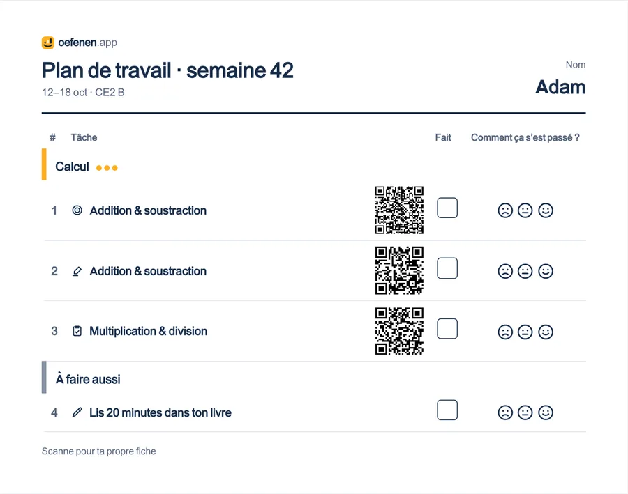 La feuille de synthèse de Daan pour la semaine 42 : un QR code, une case et trois smileys par tâche.